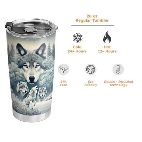 64HYDRO 20oz Snow Wolf Tumbler, Gifts for Wolves Lovers, Coffee Tumbler for Men, Women, Stainless Steel Double Wall Vacuum Insulated Coffee Mug, Travel Cup with Lid — view 6