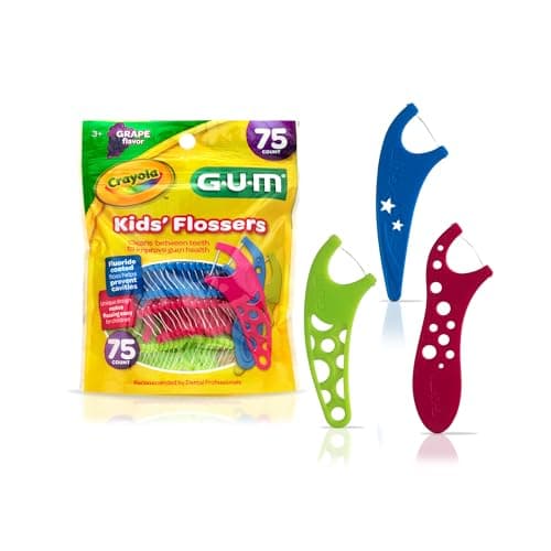 GUM Crayola Kids' Fluoride Coated Flosser Picks, Helps to Prevent Cavities Between Teeth, Grape Flavoured, Colours: Blue, Green, Pink, 75 Flossers (1 Bag)
