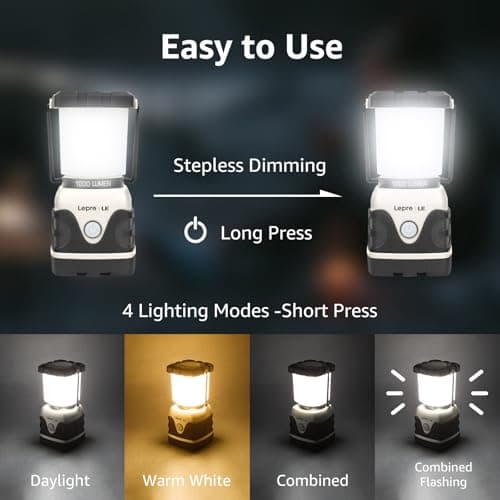 Lepro 1000LM Battery Powered LED Camping Lantern, White Tent Light with 4 Light Modes, Camping Essentials, Waterproof Lantern Flashlight for Camping, Emergency Light, Power Outage, Not Rechargeable — view 2