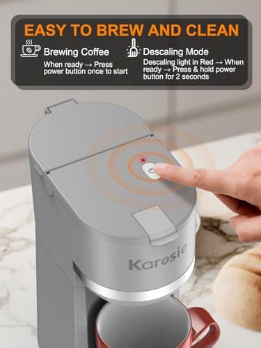 Karosie Single Serve Coffee Maker for K-Cup and Ground Coffee, Fast Brew, 6-12 oz Brew Sizes One Cup Coffee Machine Fits 5.5" Mugs, One-Button Small Coffee Maker with Descaling Reminder,Grey — view 4
