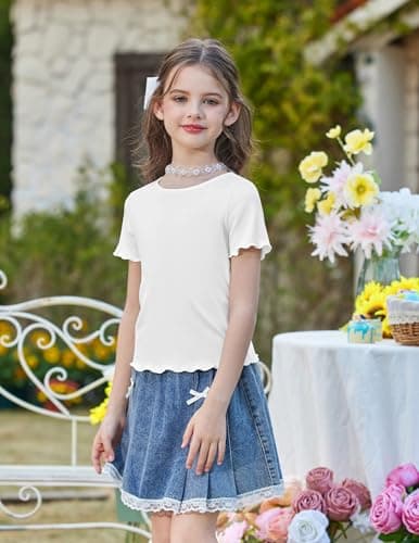 Arshiner Girls Lettuce Trim Short Sleeve Shirts Summer Rib Knit Slim Fit Tops Basic Tee 2026 Outfits Casual T-Shirt Tops Tee Blouse White 7-8 Years — view 2