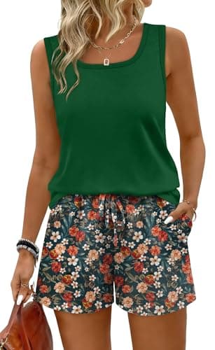 WIHOLL Lounge Sets for Women Two 2 Piece Short Sets for Women Summer Beach Vacation Clothes Business Casual Travel Airport Cruise Outfits 2026 Matching Clothing Fashion Resort Wear 2026 Green Floral