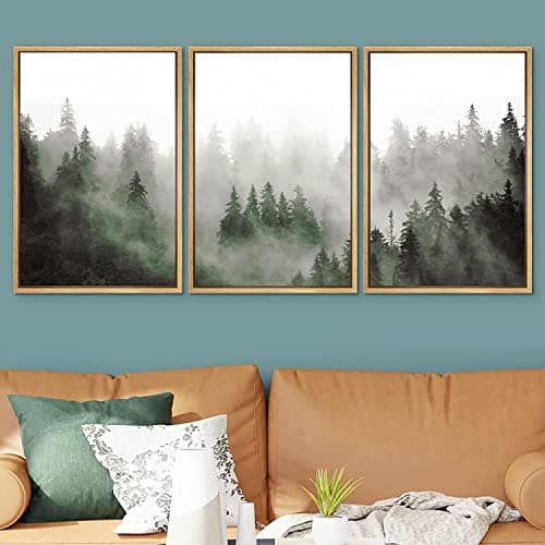 SIGNFORD Misty Forest Framed Wall Art, Green Nature Wall Art, Foggy Pine Landscape Wall Art - 16"x24" x3 Panels