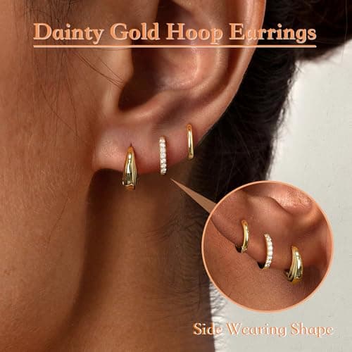 Poxtex Small 14K Gold Plated Huggie Hoop Earrings Set for Women, Hypoallergenic Trendy Hoops Stacks for Multiple Piercings, Dainty Cute Mini Lightweight Cartilage Helix Jewelry Gift Sensitive Ears — view 6