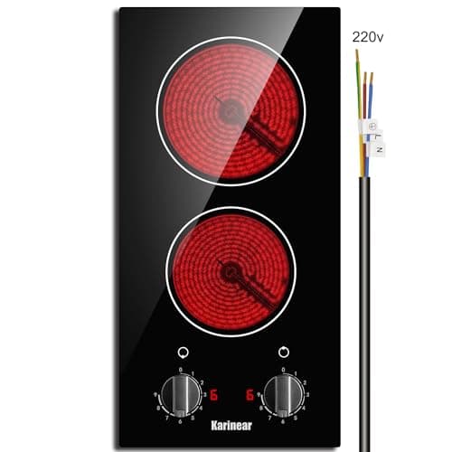 Karinear 2 Burner Electric Cooktop 12 Inch Built-in Electric Stove Top, 220v- 240v Radiant Cooktop with Residual Heat Indicator, Knob Control, Over-Temperature Protection, Hard Wire(No Plug)