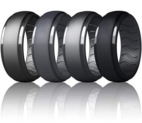 Dookeh Breathable Mens Silicone Wedding Rings, Rubber Ring Bands For Men, Black Blue Camo Engagement Band, Best for Workout, 1-4-7 Pack (W3-Titanium,Dark Gray,Cast Iron,Black, size 13)