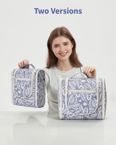 Narwey Small Hanging Toiletry Bag Women Travel Toiletries Makeup Bag Cosmetic Make up Bags for Travel Size Essentials Accessories (Medium, Blue Leaf) — view 6