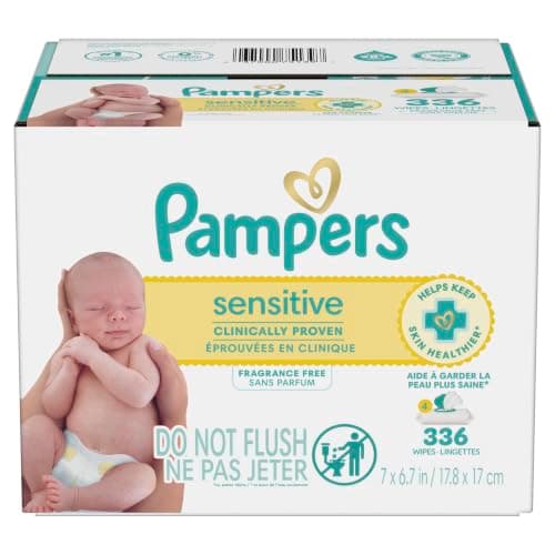 Pampers Baby Wipes Sensitive, Clinically Proven, Fragrance Free, Water Based, Hypoallergenic Baby Wipes, 4X Flip-Top Packs (Count of 336) — view 14