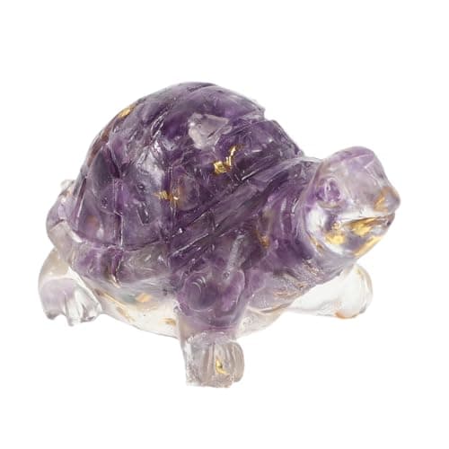 HEALEEP Feng Shui Crystal Turtle Figurine, Purple Amethyst and Gold Leaf Miniature Sculpture for Home and Office Decor Desk Ornament