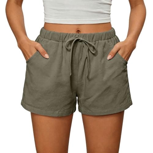 Beach Shorts for Women Vacation High Waisted Shorts Drawstring Short Pants Summer Comfy Travel Pants with Pockets Army Green — view 5