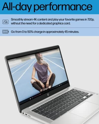 HP Chromebook 14 Laptop, Intel Celeron N4120, 4 GB RAM, 64 GB eMMC, 14" HD Display, Chrome OS, Thin Design, 4K Graphics, Long Battery Life, Ash Gray Keyboard (14a-na0226nr, 2022, Mineral Silver) — view 3