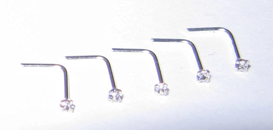 Clear Crystal Nose Studs PACK OF 5 STERLING SILVER Thin 0.6mm Bar L SHAPE — view 4