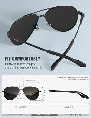 LUENX Aviator Sunglasses for Men Women Polarized | UV400 & Anti-Glare Driving, Black Lens Black Frame 60MM — view 3