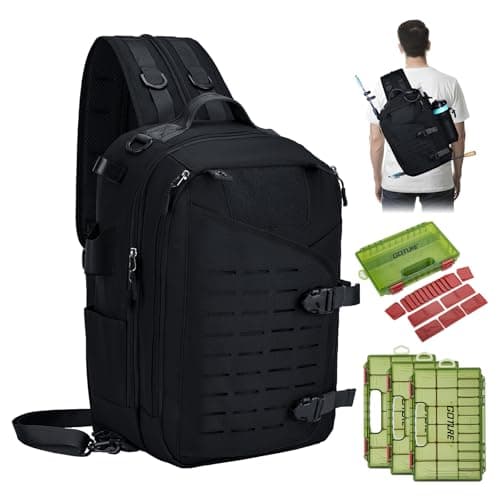 Goture Fishing Sling Bag, Black with 3*Green Handles 3600, Waterproof Heavy-Duty Multi-Pocket Unisex Angler Gear