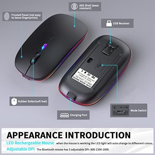 KANMABPC Wireless Bluetooth Mouse – Rechargeable, Silent, Dual Mode (Bluetooth 5.2 & USB) with LED Lights – Portable for Laptop, Desktop, & Tablet(Black) — view 6