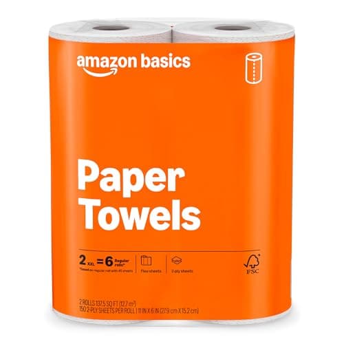 Amazon Basics FSC-Certified 2-Ply Flex-Sheets Paper Towels, 150 Sheets per Roll, 2 Basics Rolls = 6 Regular Rolls