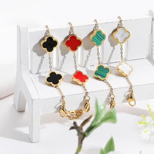 AIPPK 18K Gold Plated Clover Lucky Bracelet for Women White/Black/Red/Green Flower Four Leaf Link Bracelets Trendy Jewelry Gifts for Women (White) — view 5