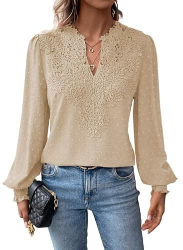 Falechay Womens Winter Tops V Neck Fashion Flower Trendy Tops for Women Apricot Dressy Casual Swiss Dot Clothes XS