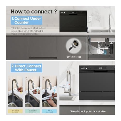 COMFEE’ Countertop Dishwasher, Energy Star Portable Dishwasher, 6 Place Settings & 8 Washing Programs, Speed, Baby-Care, ECO& Glass, Dish Washer for Dorm, RV& Apartment, Black — view 2