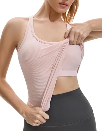 Gxpok Workout Tank Tops for Women with Built in Bra, Ribbed Athletic Gym Shirts Racerback Yoga Workout Tops Pink