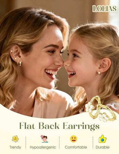 LOLIAS Hypoallergenic Flat Back Earrings for Women Girls-Cute Toddler Kids Teen Girls Earring Set-Surgical Steel Earrings for Sensitive Ears-14K Gold Plated Stainless Steel Flatback Studs Screw Back Small Hoop Cartilage Earring Stacks 14K Gold Plated Age Over 4 Years Old