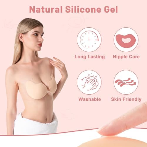 LAZYROSY Sticky Bra Push Up Backless Bras Strapless Stick on Bra Invisible Adhesive Bra with Nipple Covers for Women, Beige, A — view 3