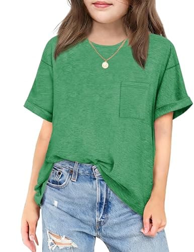 Arshiner Short Sleeve Shirts Girls Crew Neck Oversized Casual Loose with Pocket Tops Kids Cute Blouses for Girls Green 13-14 Years