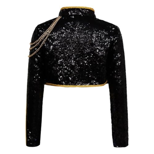 YONGHS Girls Sequin Popular Singer Tops Music Festival Stage Performance Sparkly Dance Crop Jacket Black 6 Years — view 3