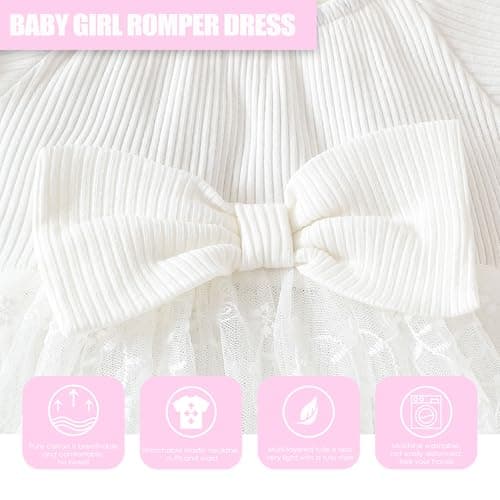 TENTIDE Baby Girl Romper Dress Ribbed Newborn Lace Boho Tutu Dresses Headband Baptism Photography Wedding Summer Outfit 0-24M(6-12 Months,White) — view 3
