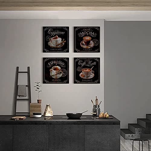 Coffee Wall Art Kitchen Decor Vintage Coffee Bar Wall Decor Black Brown Coffee Theme Dining Room Canvas Pictures Cafe Bean Cup Painting Artwork Restaurant Table Shop Family Home Decoration 12x12" 4Pcs — view 2