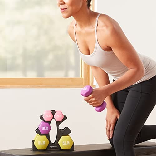 Amazon Basics Neoprene Dumbbell Hand Weights with Stand, Rack with 3 Pairs (2, 3, and 5 pound), Non-Slip Hexagon, Pink/Purple/Green — view 3