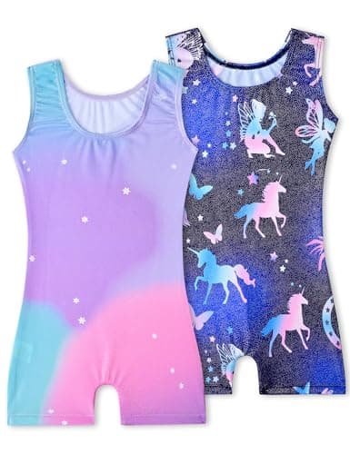 Tstiti Gymnastics Leotards for Girls 2 Pack Sparkly Kids Biketards Dance Unitards Matching Hair Scrunchies