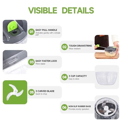 Ziweaye Manual Food Processor Vegetable Chopper, Portable Hand Pull String Garlic Mincer Onion Cutter for Veggies, Ginger, Fruits, Nuts, Herbs, etc., 500ml,（Gray-green） — view 7