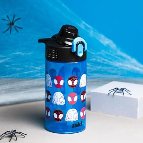 Zak Designs Sage Marvel Spider-Man Water Bottle For School or Travel, 16oz Durable Plastic Water Bottle With Straw, Handle, and Leak-Proof, Pop-Up Spout Cover (Spidey and His Amazing Friends) — view 2