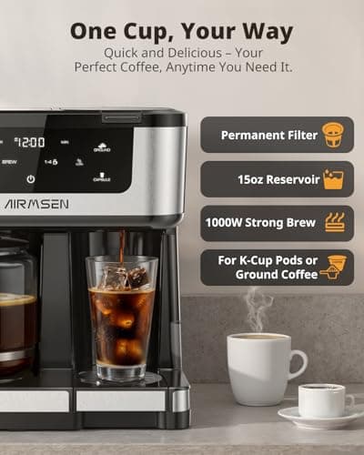 AIRMSEN 12-Cup Programmable Dual Coffee Maker – Single Serve Machine for K-Cup Pods & Ground, 1000W Fast Brew, Delay Start, 2H Keep Warm, Touchscreen, 60oz Tank, Glass Carafe – Home & Office — view 3