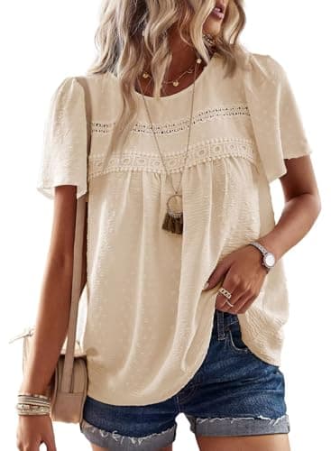 Falechay Cute Tops for Women Lace Pom Pom Babydoll Flowy Maternity Blouses Boho Round Neck Tunic Short Sleeve Girls Loose Apricot XS