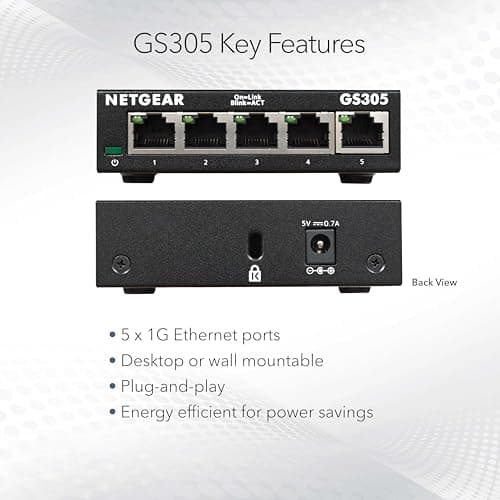 NETGEAR 5-Port Gigabit Ethernet Unmanaged Essentials Switch (GS305) - Home Network Hub, Office Ethernet Splitter, Plug-and-Play, Silent Operation, Desktop or Wall Mount — view 4