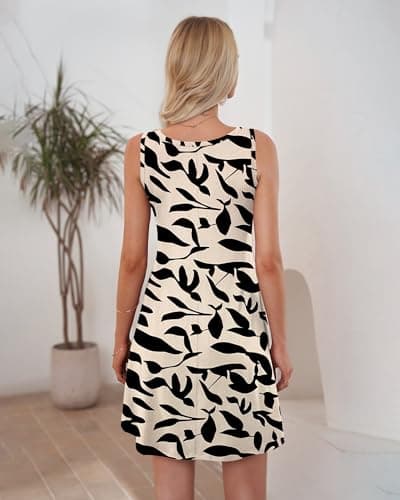 WNEEDU Sun Dress 2026 Casual Loose Swing Vacation Dress with Pockets, Apricot Black Leaf S — view 4