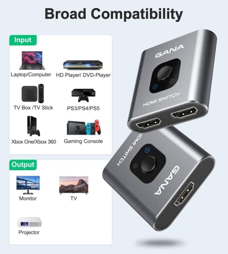 HDMI Switch 4K HDMI Splitter - Gana Prime Aluminum Bi-Directional HDMI Switcher 1 in 2 Out (Single Display) or 2 Input 1 Output, Supports 4K 3D HD 1080P for Xbox PS4 Roku HDTV etc. （Grey… — view 5