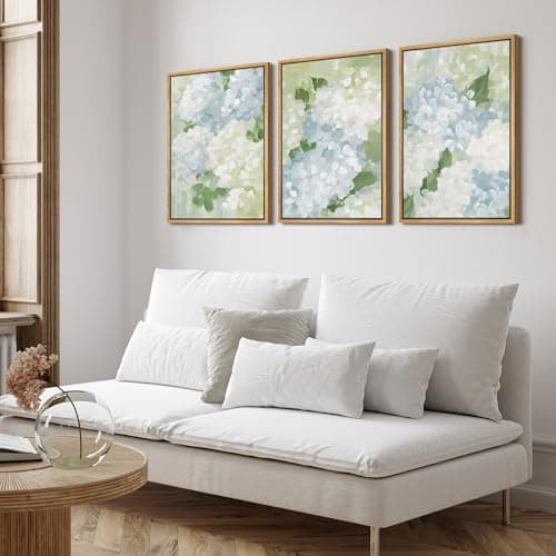 SIGNFORD Framed Canvas Print Wall Art Set Soft Hydrangea Floral Subtle Blue and Green Hues Illustrations Modern Art Relax/Calm for Living Room, Bedroom, Office - 16"x24"x3 Natural — view 2