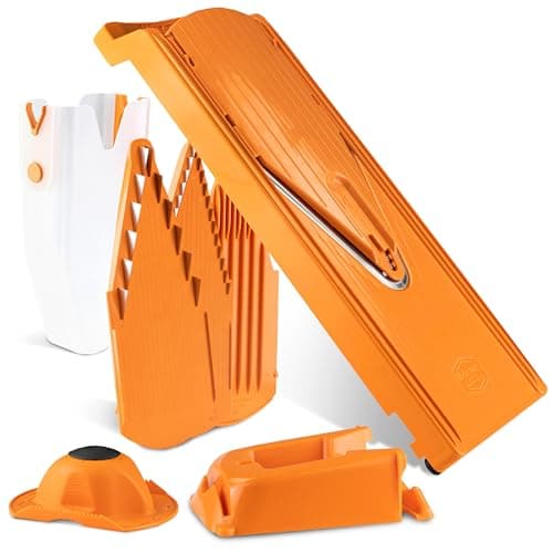 Mandoline Food Slicer Börner V3 (Profi Set) by Reston Lloyd • V-Slicer with 4 Inserts, Docking Station & Food Holder • Made in Germany • Fruit & Vegetable Chopper • Multiple Settings • Color: Orange