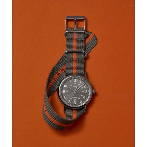 Timex Unisex Weekender 38mm Watch – Silver-Tone Case Gray Dial with Gray & Orange Fabric Slip-Thru Strap — view 3
