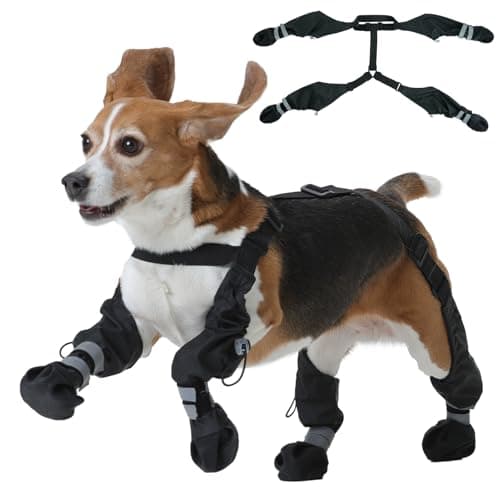 Pezluxe Dog Suspender Boots, Waterproof Anti-Slip Dog Rain Boots with Adjustable Strap for Small Medium Large Dogs, Reflective Paw Protector Dog Boots for Outdoor Walking, Rain Snow Hiking, Black, S