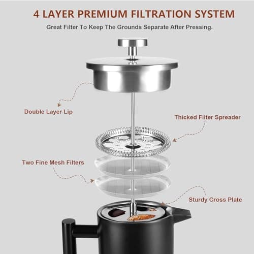 SZHETEFU 34 OZ Large French Press, Premium Stainless Steel Sturdy Insulated French Press Coffee Maker, 4-8 Cups French Coffee Press, Tea Presses for Home Kitchen Caming Loose Tea, Elegant Black — view 7