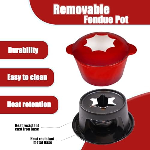 Mabeeze Cast Iron Fondue Pot Set Red Enameled 1.6 Qt for Cheese, Chocolate, or Meat: Includes 6 Fondue Forks — view 5