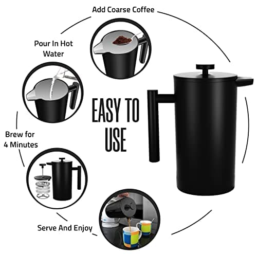 Utopia Kitchen 304 Grade Stainless Steel French Press Coffee Maker 12 Oz, Double Wall Insulated Coffee Press with 4-Level Filtration system, Include 2 Extra Filters, Rust-Free, Black
