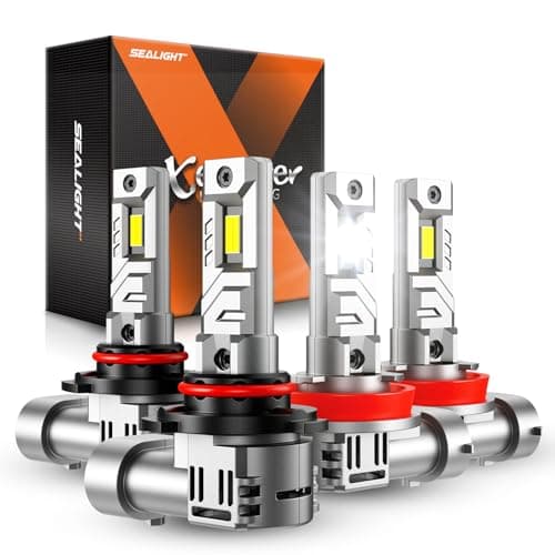 SEALIGHT H11 9005 LED Headlight Bulbs Combo, 96000LM 900% Brighter 6500K Cool White H11/H8/H9/H16 9005/HB3 LED Bulbs Combo with Cooling Fan, 1:1 Mini Size Plug and Play, Halogen Replacement, Pack of 4