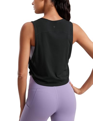 CRZ YOGA Pima Cotton Cropped Tank Tops for Women - Sleeveless Sports Shirts Athletic Yoga Running Gym Workout Crop Tops Black Small — view 3
