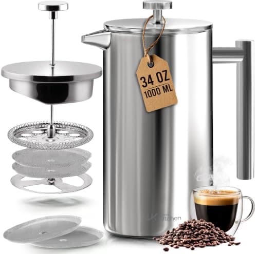 Utopia Kitchen 304 Grade Stainless Steel French Press 34 Oz, Silver