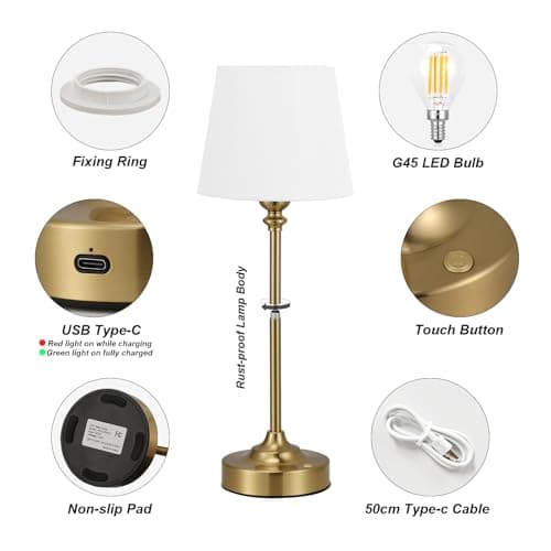 Cordless Table Lamp Rechargeable Gold - 1 Pack Brass 4000mAH Battery Operated Lamp for Decor, 3000K Stepless Dimming Touch Control Wireless Lamp for Bedroom, Dining Table, Counter, Living Room — view 4